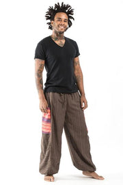 Unisex Pinstripe Cotton Pants with Aztec Pocket in Brown