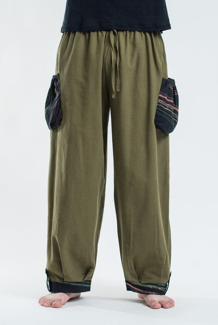 Unisex Drawstring Cotton Pants with Hill Tribe Trim in Olive