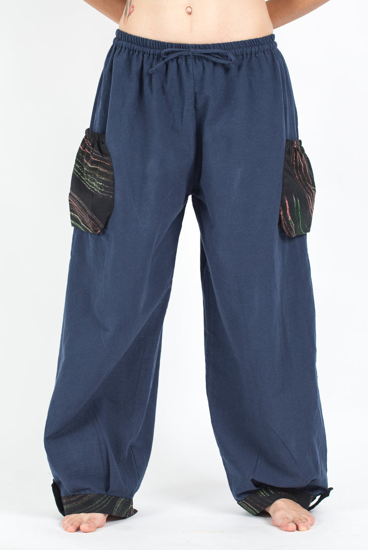 Unisex Drawstring Cotton Pants with Hill Tribe Trim in Blue