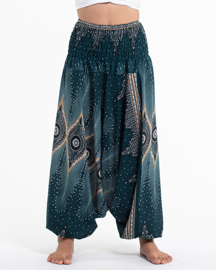 Unisex Diamond Peacock Drop Crotch Jumpsuit Harem Pants in Turquoise
