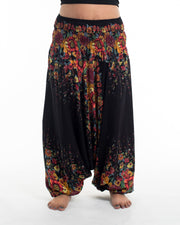 Unisex Plus Size Floral Drop Crotch Jumpsuit Harem Pants in Black