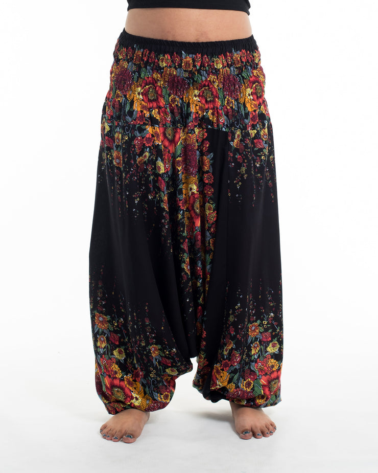 Unisex Plus Size Floral Drop Crotch Jumpsuit Harem Pants in Black