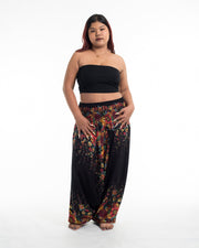 Unisex Plus Size Floral Drop Crotch Jumpsuit Harem Pants in Black