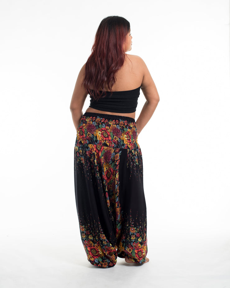 Unisex Plus Size Floral Drop Crotch Jumpsuit Harem Pants in Black