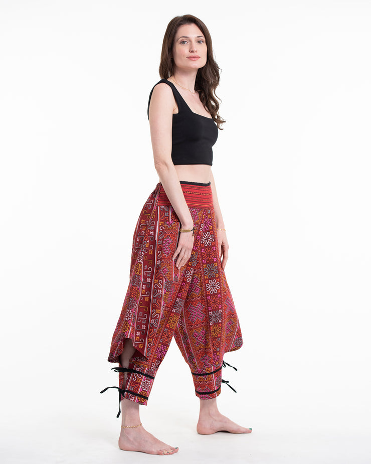 Clovers Thai Hill Tribe Fabric Harem Pants with Ankle Straps in Red