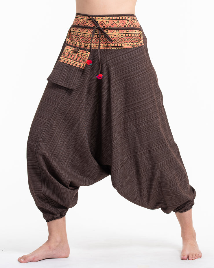 Unisex Pinstripe Harem Pants With Hill Tribe Trim in Brown