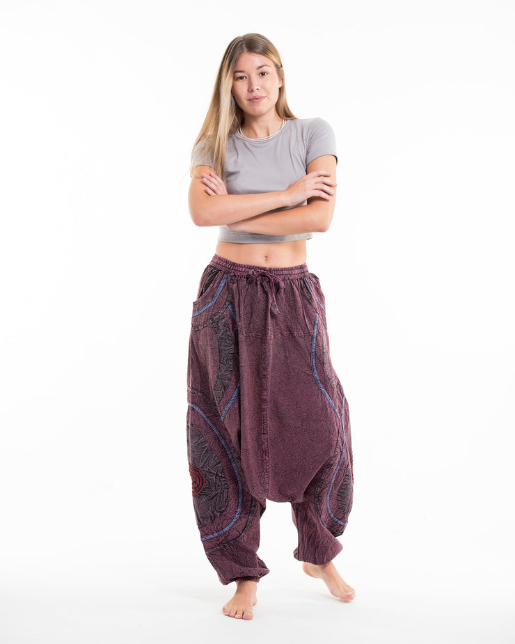 Unisex Patchwork Stone Washed Low Cut Cotton Pants in Maroon 01