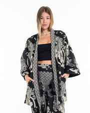 Koi Fish Print Cotton Kimono Cardigan in Black