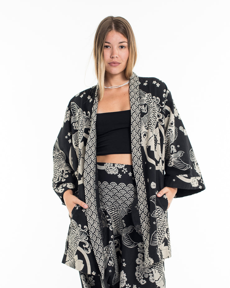 Koi Fish Print Cotton Kimono Cardigan in Black