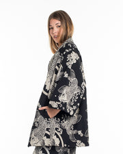 Koi Fish Print Cotton Kimono Cardigan in Black