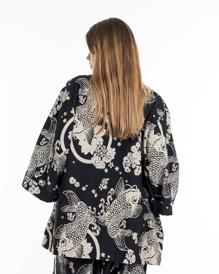 Koi Fish Print Cotton Kimono Cardigan in Black