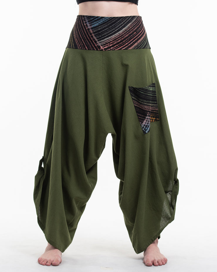 Unisex Button Up Cotton Pants with Hill Tribe Trim in Olive