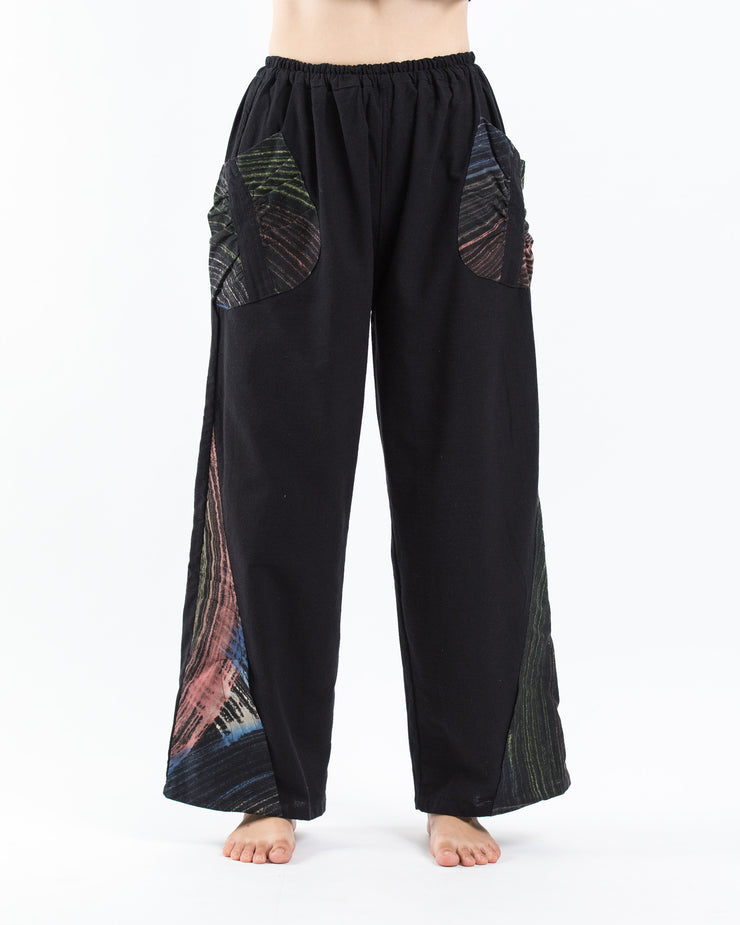 Unisex Thai Cotton Pants with Hill Tribe Trim in Black