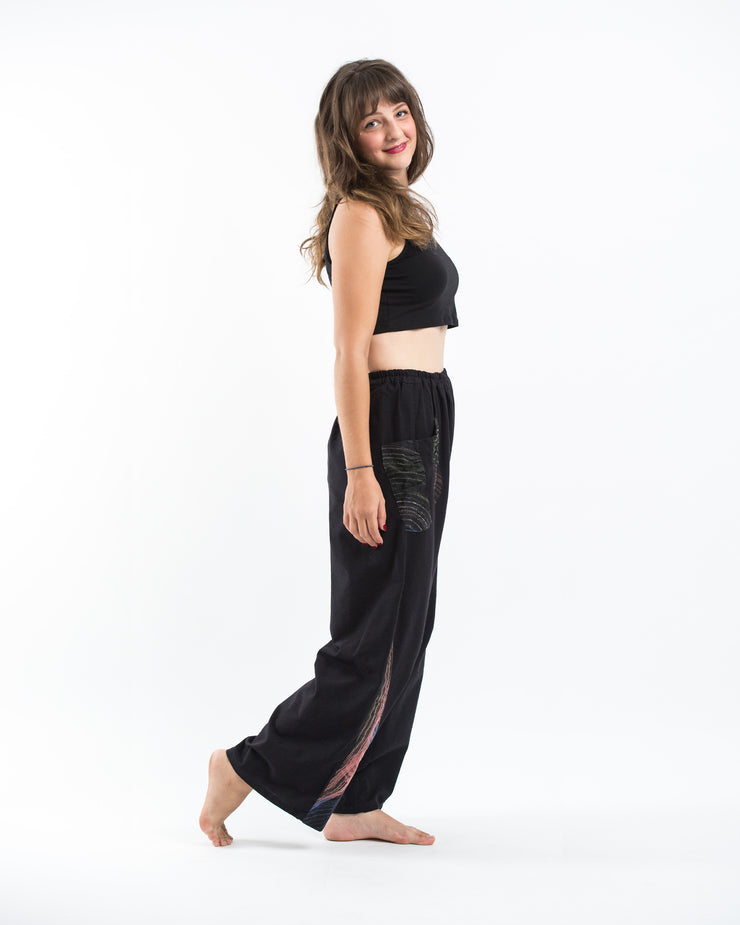 Unisex Thai Cotton Pants with Hill Tribe Trim in Black