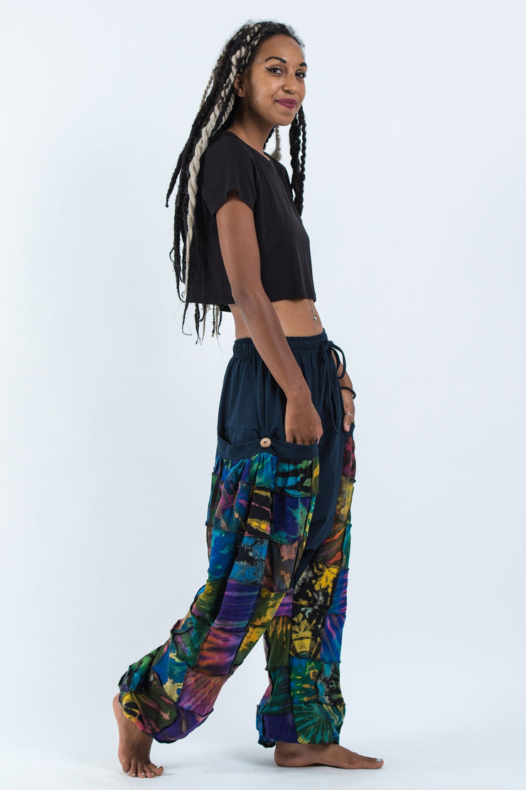 Unisex Tie Dye Cotton Harem Pants in Patchwork Blue