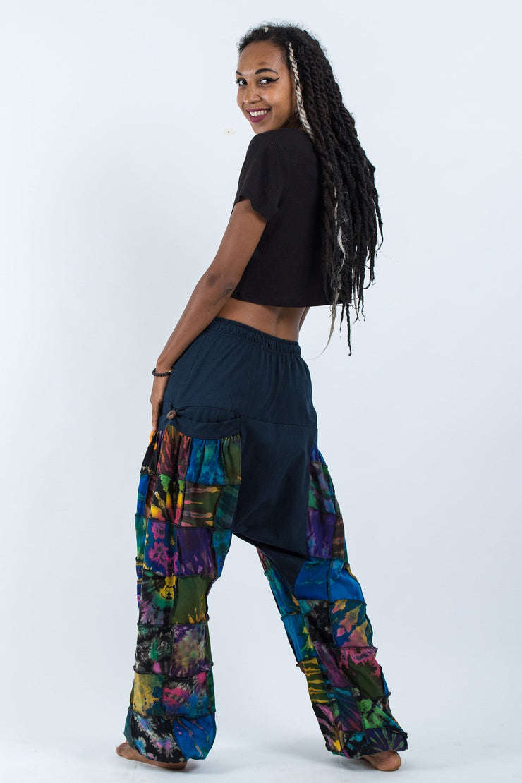 Unisex Tie Dye Cotton Harem Pants in Patchwork Blue