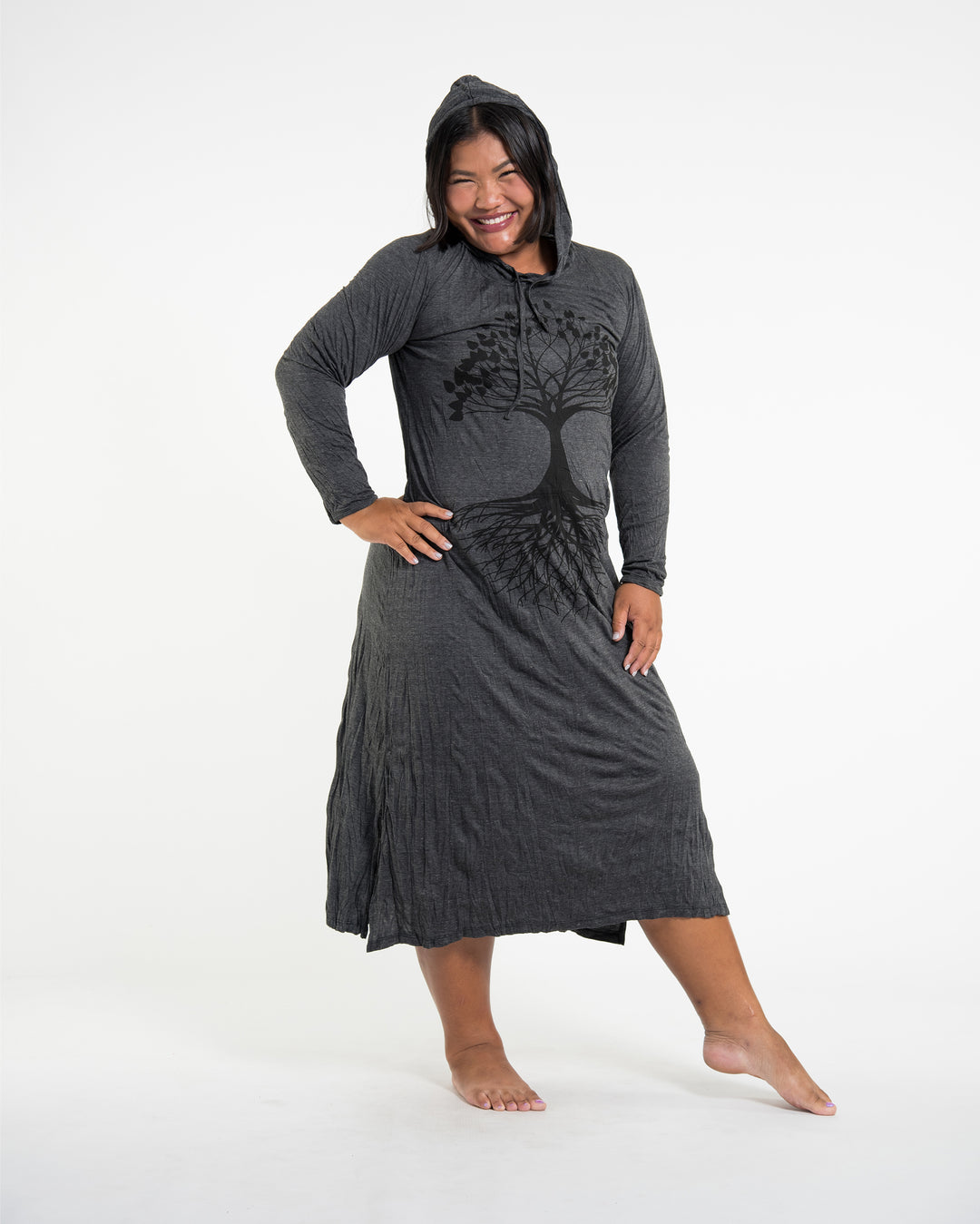 Sure Design Womens Tree of Life Long Hoodie Dress in Black