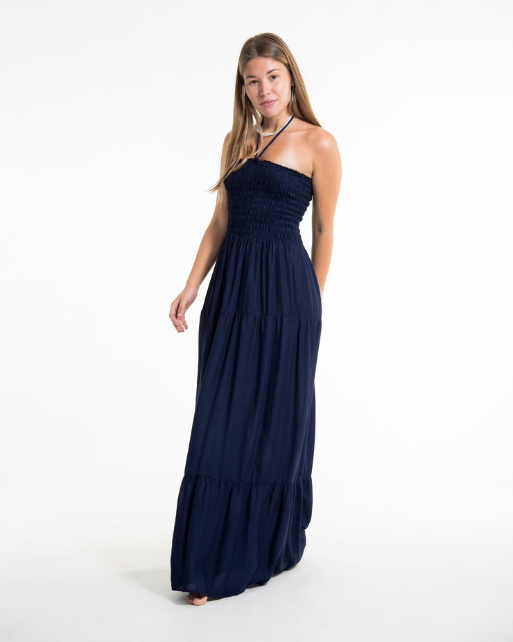Solid Color Smocked Maxi Dress in Blue Solid Color Smocked Maxi Dress in Blue