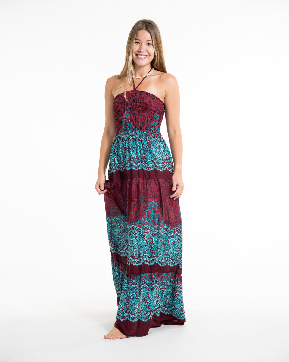 Geometric Mandalas Smocked Maxi Dress in Red – Sure Design