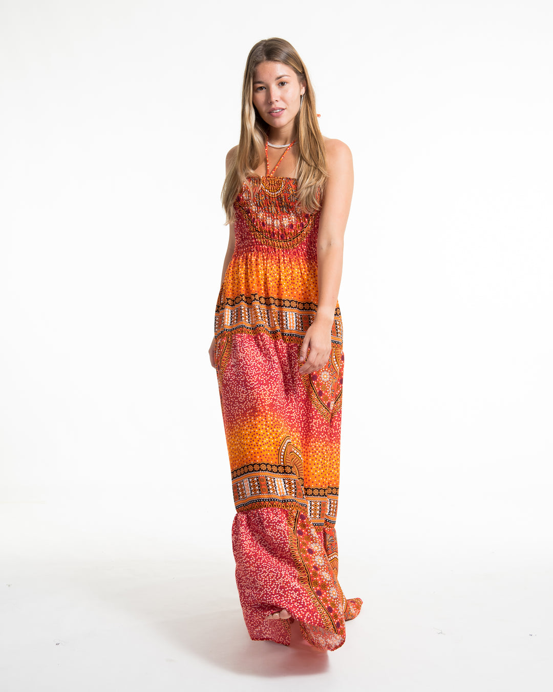 smocked bandeau maxi dress Tribal Chakras Smocked Maxi Dress in Orange
