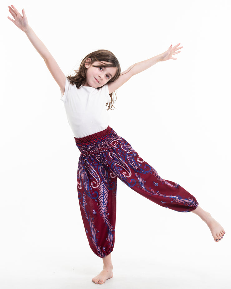 Kids Paisley Feathers Harem  Pants in Red