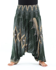 Unisex Plus Size Diamond Peacock Drop Crotch Jumpsuit Harem Pants in Green