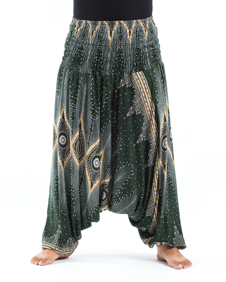 Unisex Plus Size Diamond Peacock Drop Crotch Jumpsuit Harem Pants in Green