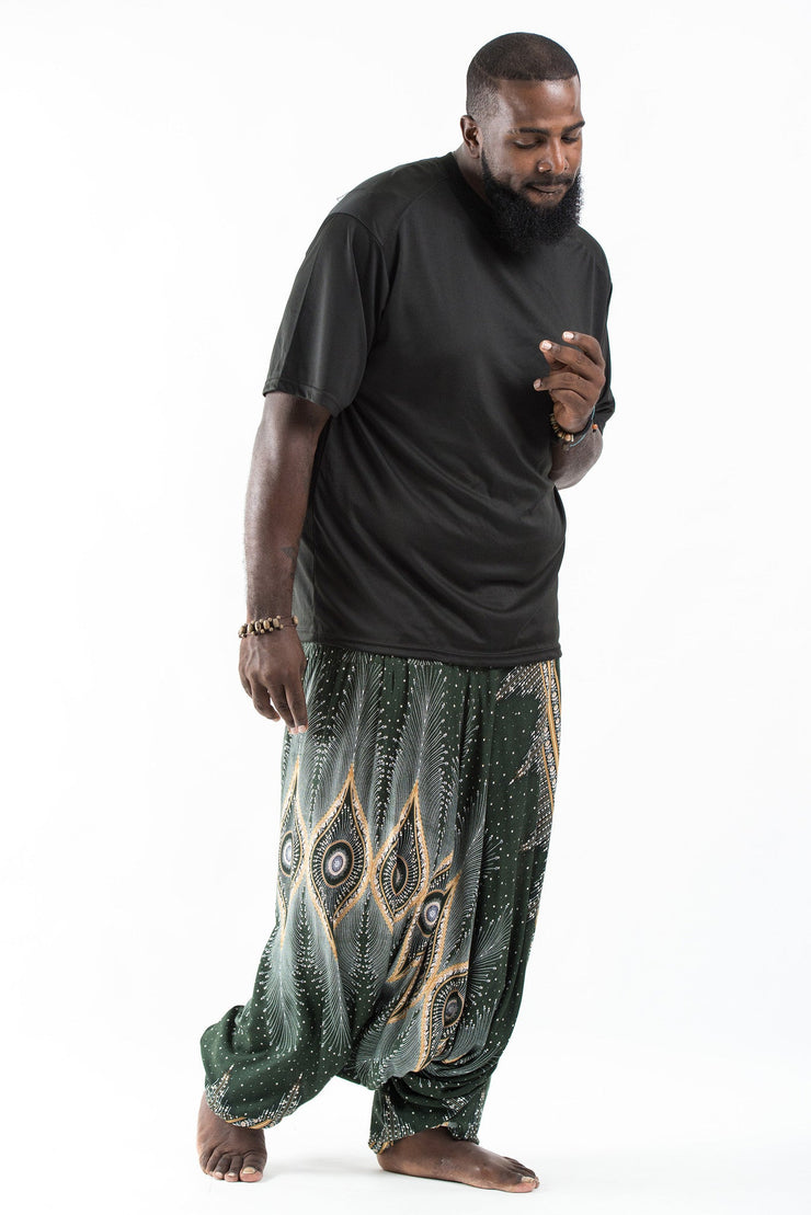 Unisex Plus Size Diamond Peacock Drop Crotch Jumpsuit Harem Pants in Green