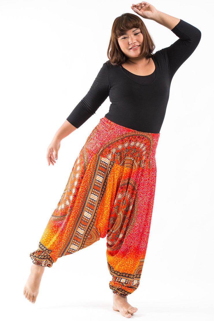 Unisex Plus Size Tribal Chakras Drop Crotch Jumpsuit Harem Pants in Orange