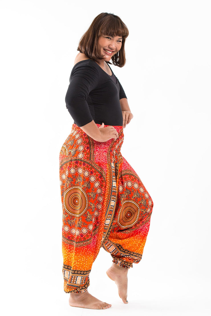Unisex Plus Size Tribal Chakras Drop Crotch Jumpsuit Harem Pants in Orange