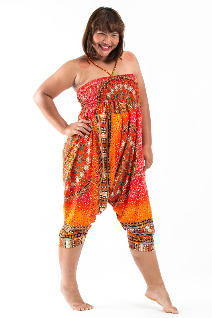 Unisex Plus Size Tribal Chakras Drop Crotch Jumpsuit Harem Pants in Orange