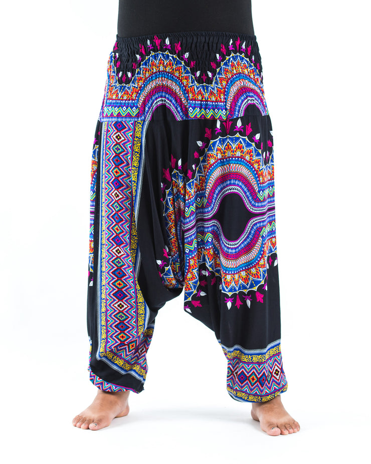 Unisex Plus Size Dashiki Prints Drop Crotch Jumpsuit Harem Pants in Black
