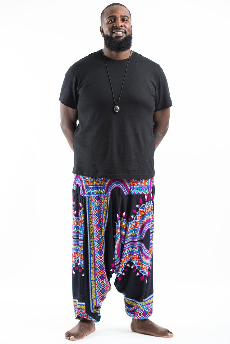 Unisex Plus Size Dashiki Prints Drop Crotch Jumpsuit Harem Pants in Black
