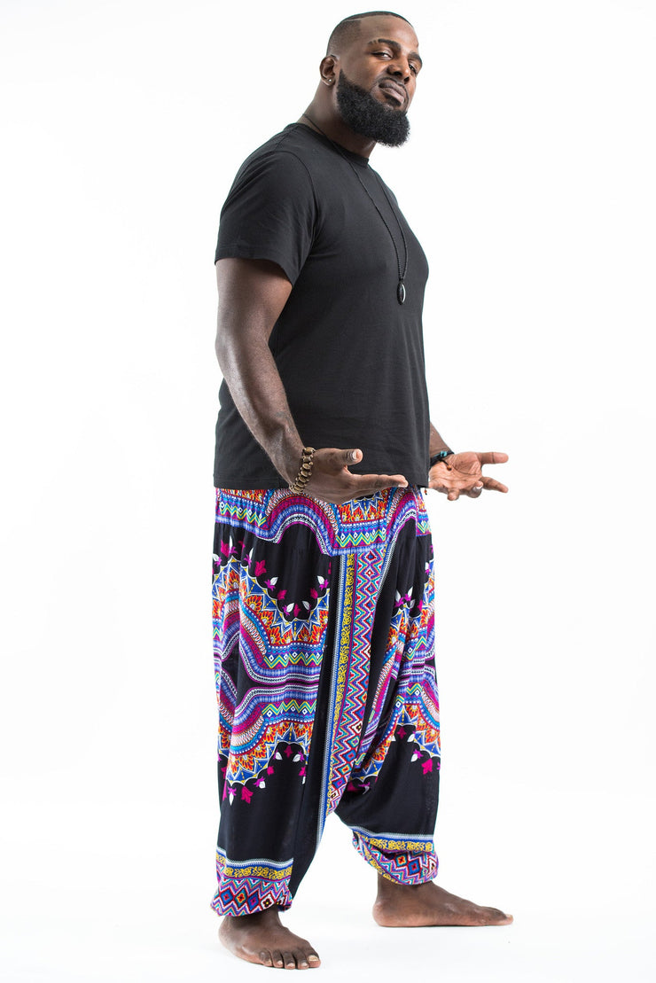 Unisex Plus Size Dashiki Prints Drop Crotch Jumpsuit Harem Pants in Black