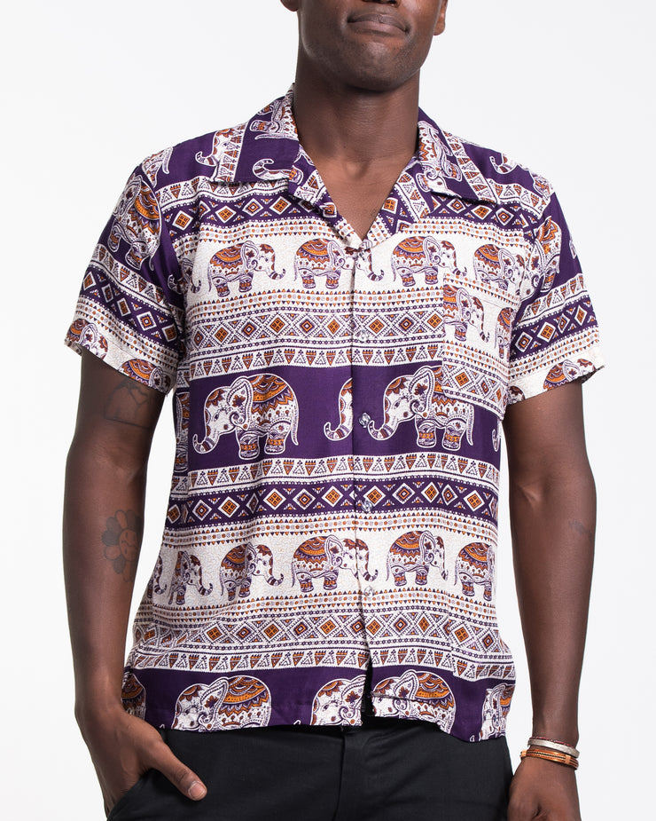 Tribal Elephant Short Sleeve Button Shirt in Purple