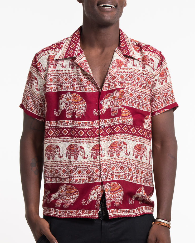 Tribal Elephant Short Sleeve Button Shirt in Red