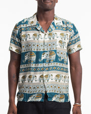 Tribal Elephant Short Sleeve Button Shirt in Teal