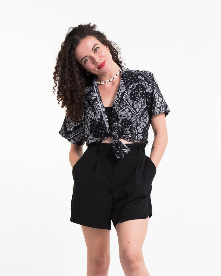 Patchwork Paisley Short Sleeve Button Shirt in Black