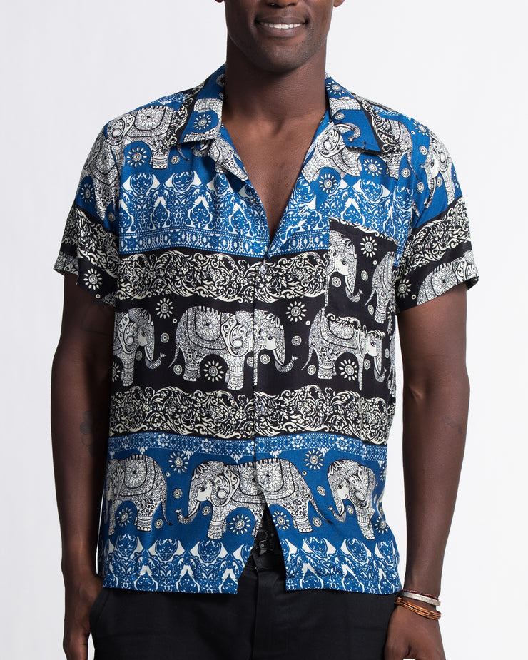 Divine Elephant Short Sleeve Button Shirt in Blue