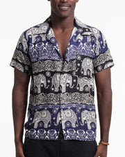 Divine Elephant Short Sleeve Button Shirt in Indigo