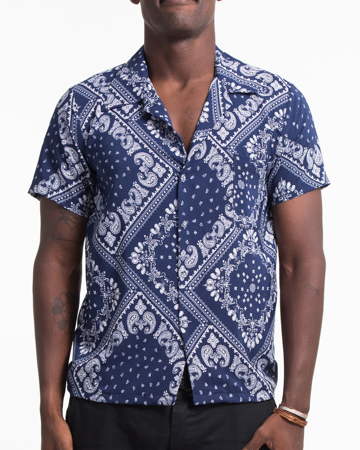 Patchwork Paisley Short Sleeve Button Shirt in Navy