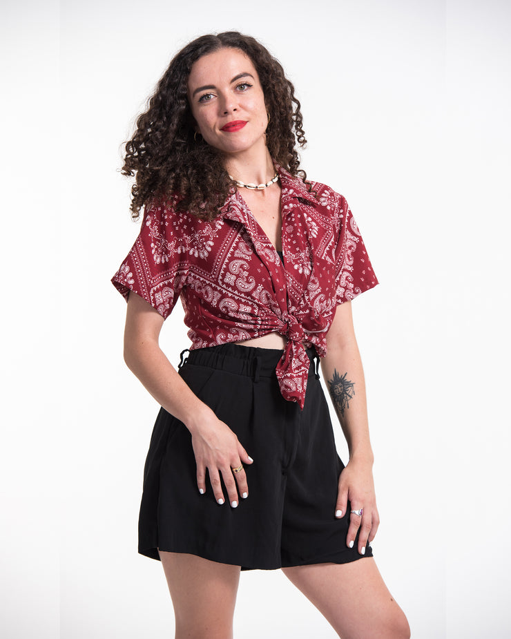 Patchwork Paisley Short Sleeve Button Shirt in Red
