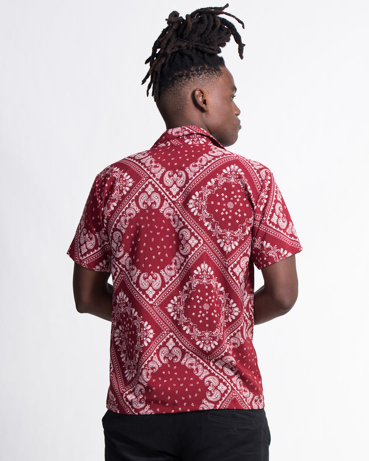 Patchwork Paisley Short Sleeve Button Shirt in Red