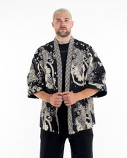 Koi Fish Print Cotton Kimono Cardigan in Black