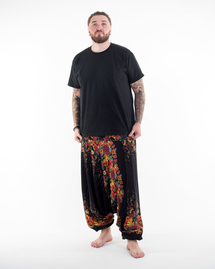 Unisex Plus Size Floral Drop Crotch Jumpsuit Harem Pants in Black