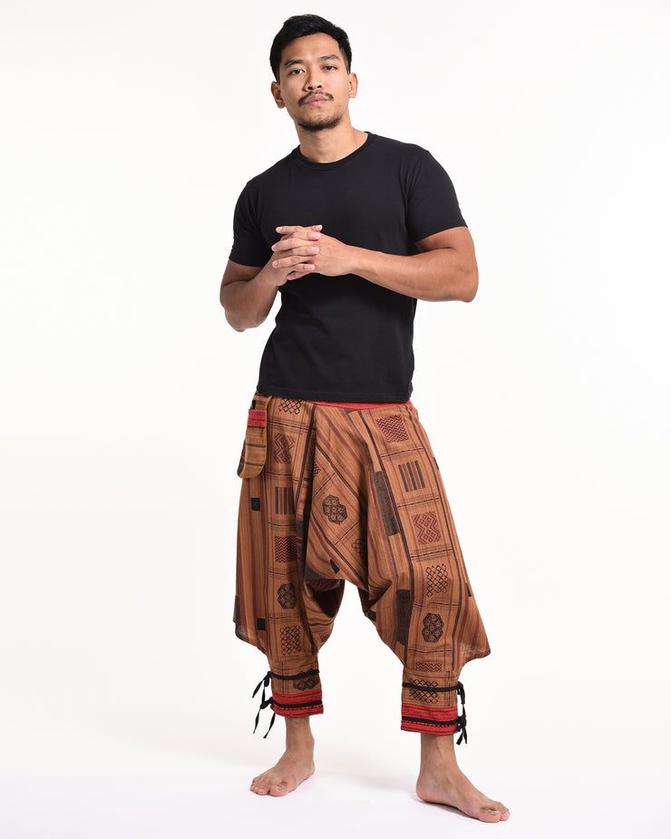 Thai Hill Tribe Fabric Harem Pants with Ankle Straps in Light Brown