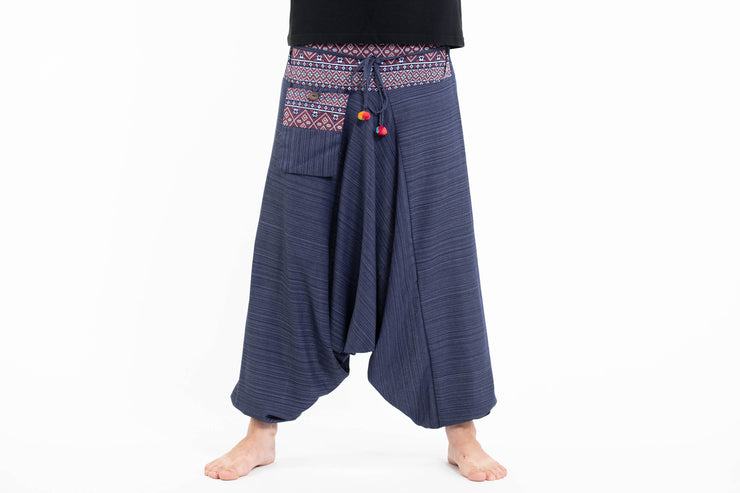 Unisex Pinstripe Harem Pants With Hill Tribe Trim in Navy