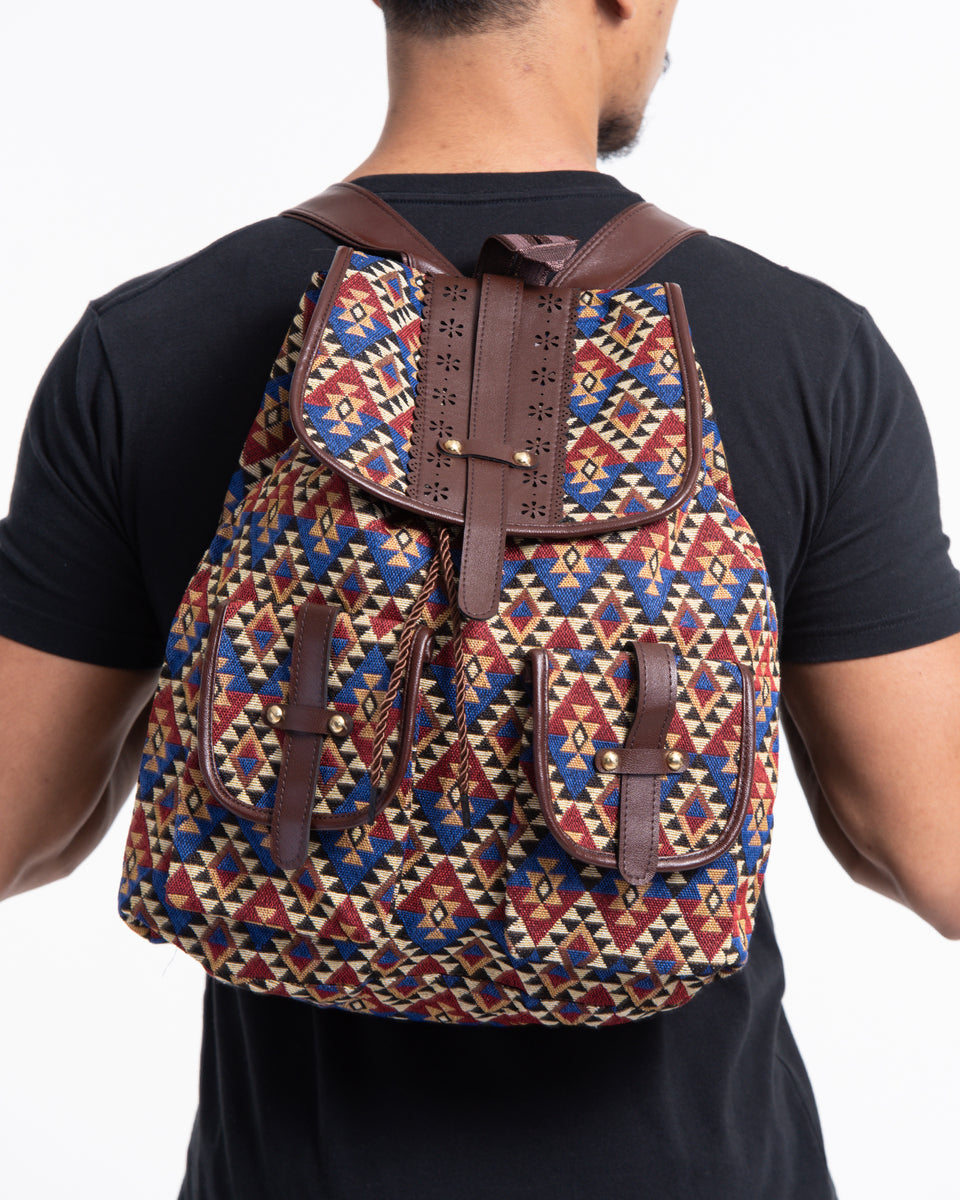 Sure Design Tribal Woven Fabric with Faux Leather Backpack 01