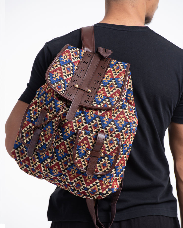 Tribal Woven Fabric with Faux Leather Backpack 01
