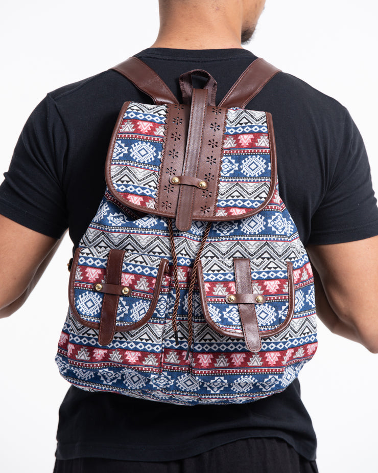 Tribal Woven Fabric with Faux Leather Backpack 02